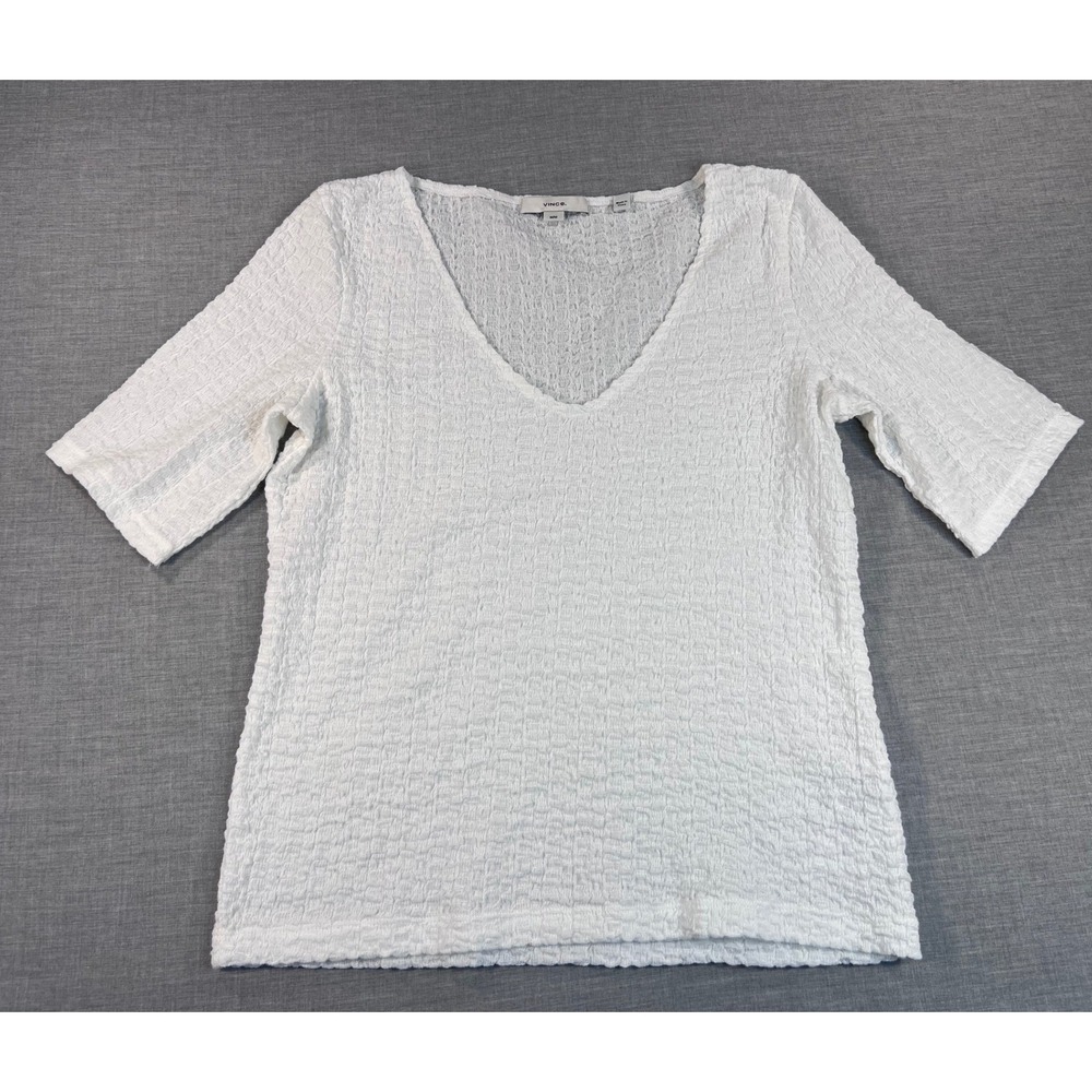Vince Womens White Textured V-Neck Short Sleeve Puckered Top Size M RN106730